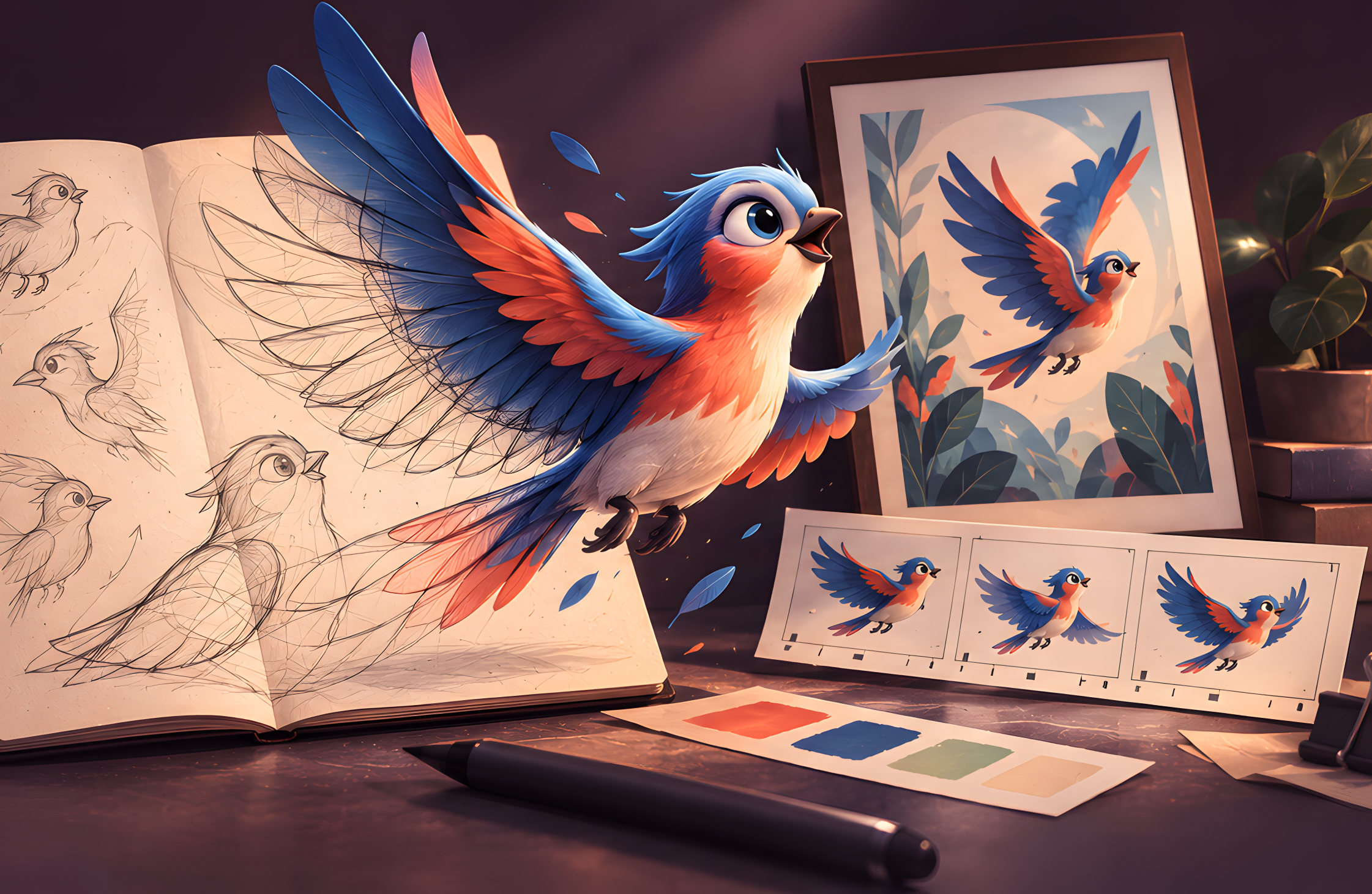 A cartoon bird flying out of a sketchbook beside framed art, animation frames and colour swatches