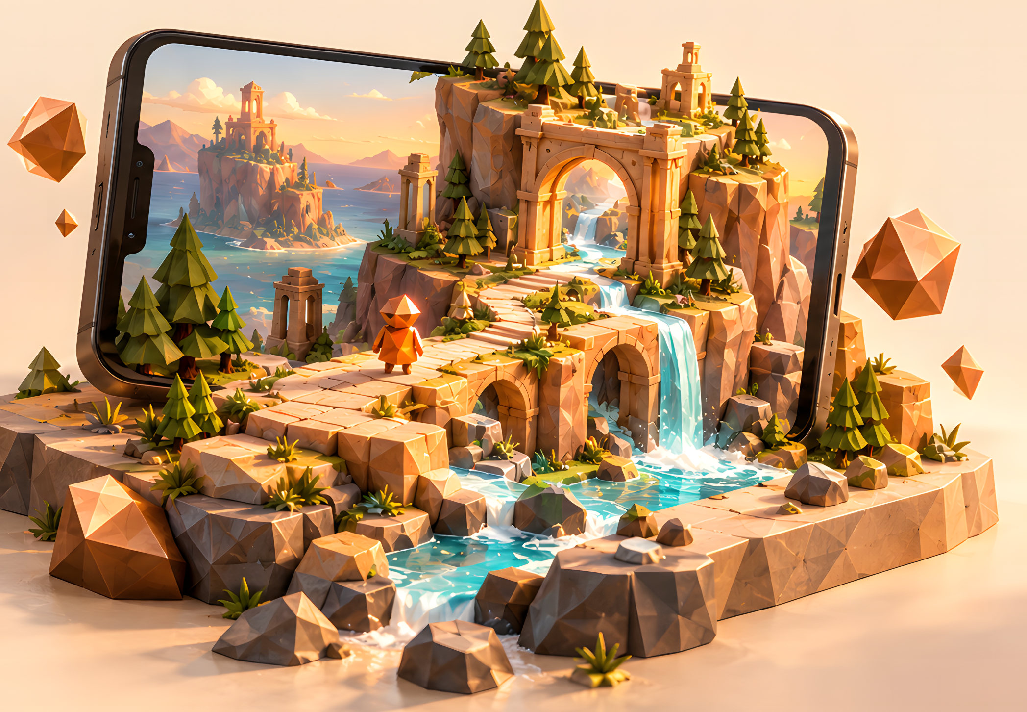 A low-poly island with a waterfall and a stone arch spilling out of a phone screen