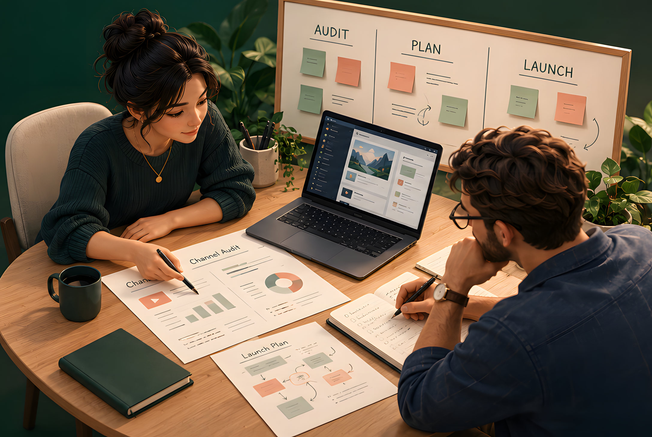 Two people planning at a round table with a channel audit, a laptop and an audit, plan, launch board