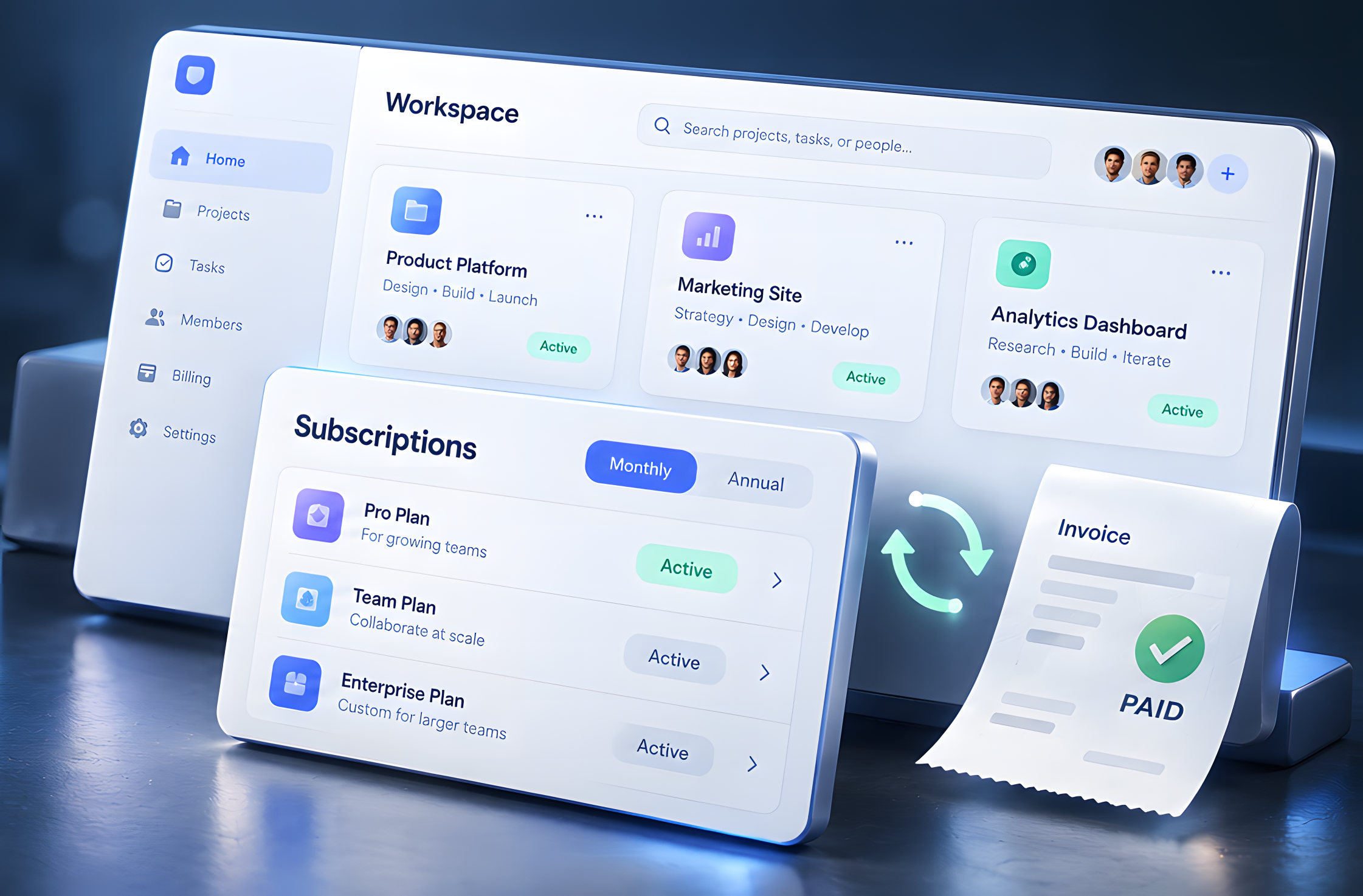 A glass dashboard with workspace projects, subscription plans and a paid invoice
