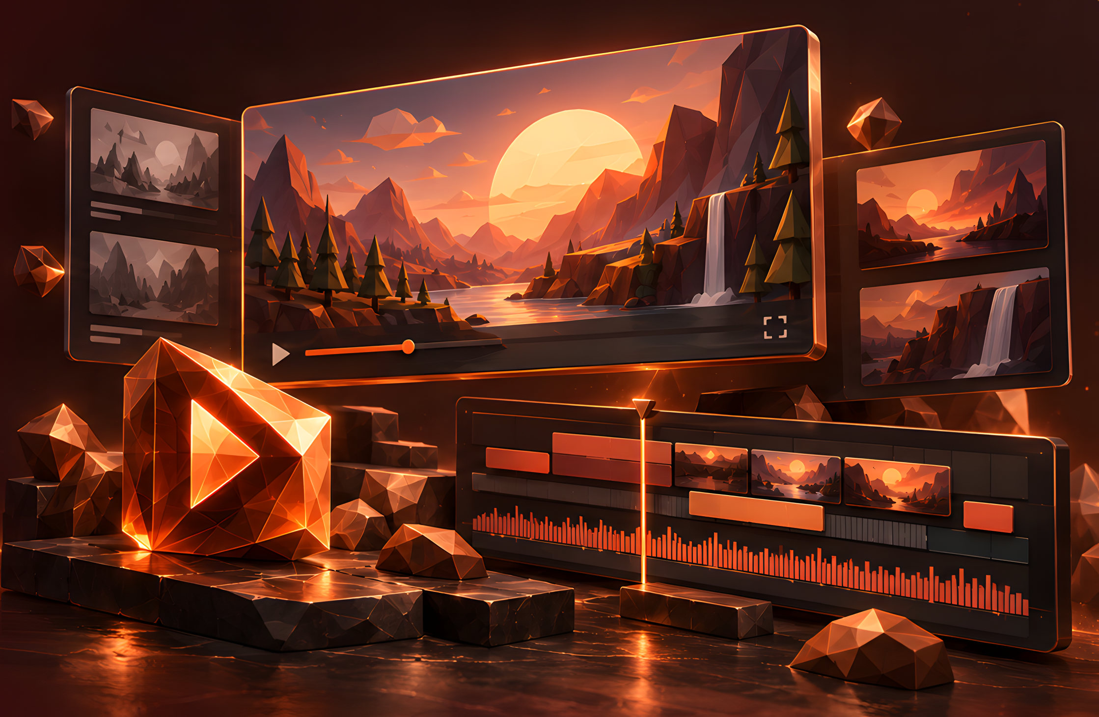 A glowing low-poly play-button gem in front of floating video screens and an editing timeline