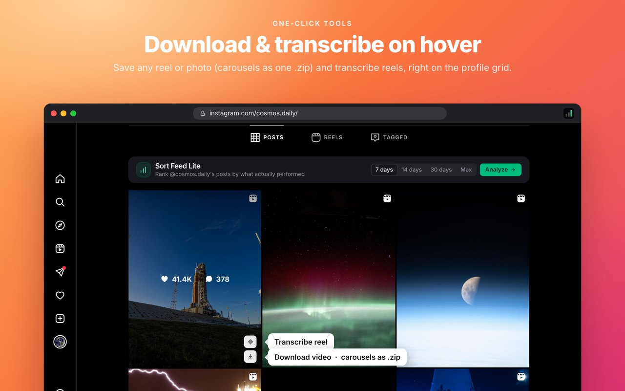 Download and transcribe: Hover any post to save it or turn a reel into text.