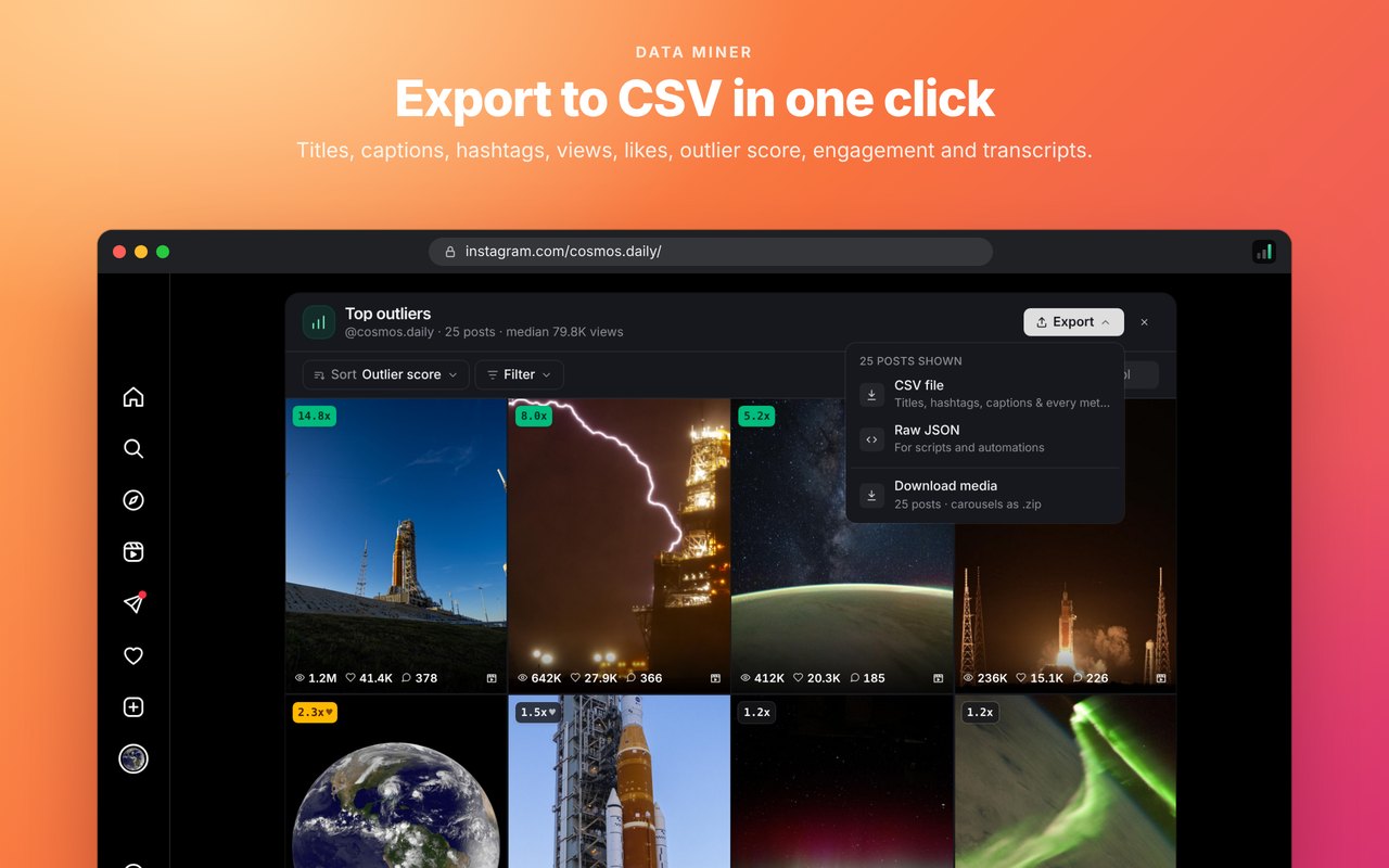 Export to CSV: Every metric, caption and transcript in one spreadsheet.