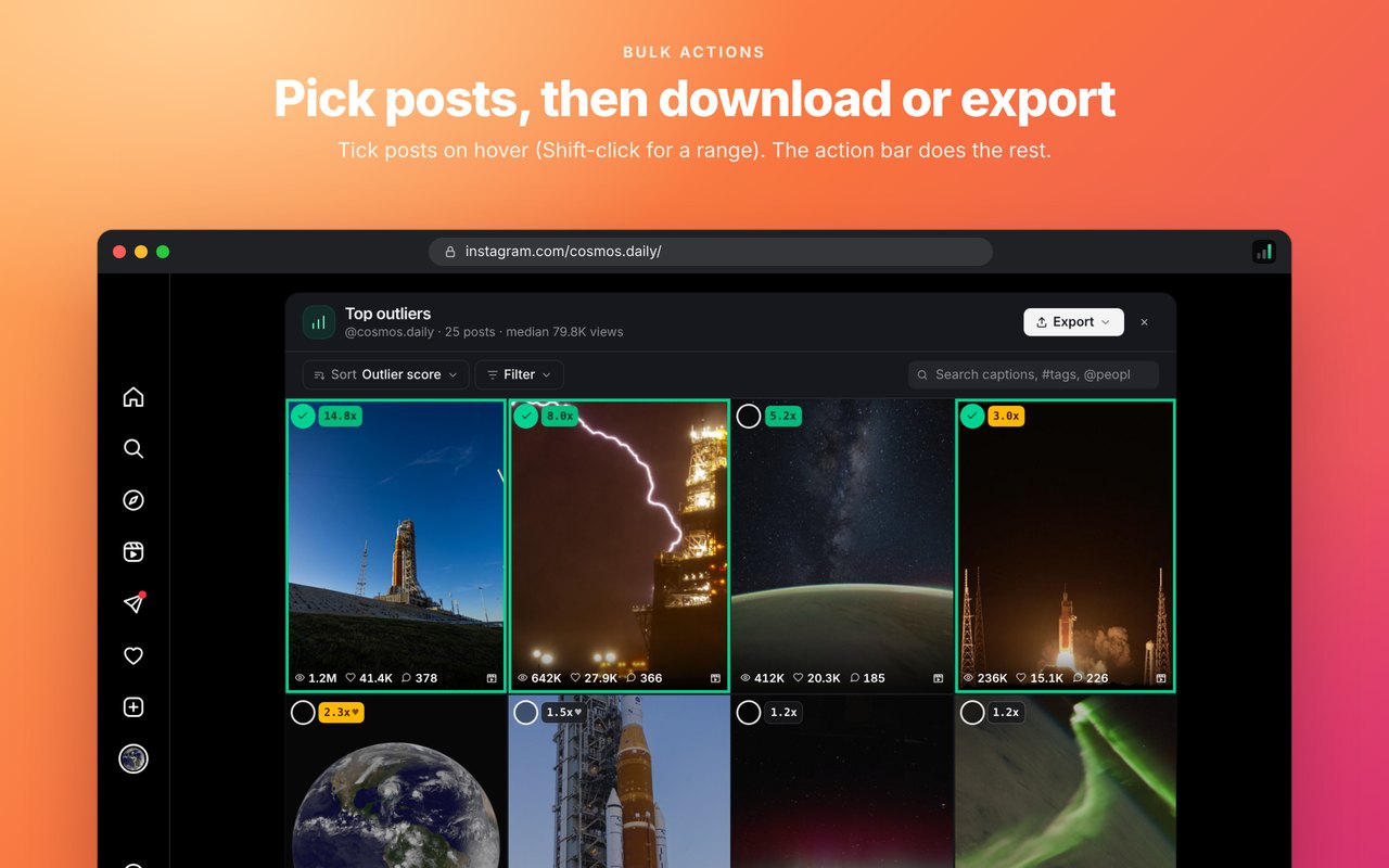 Bulk select: Tick the posts you want, then download or export only those.